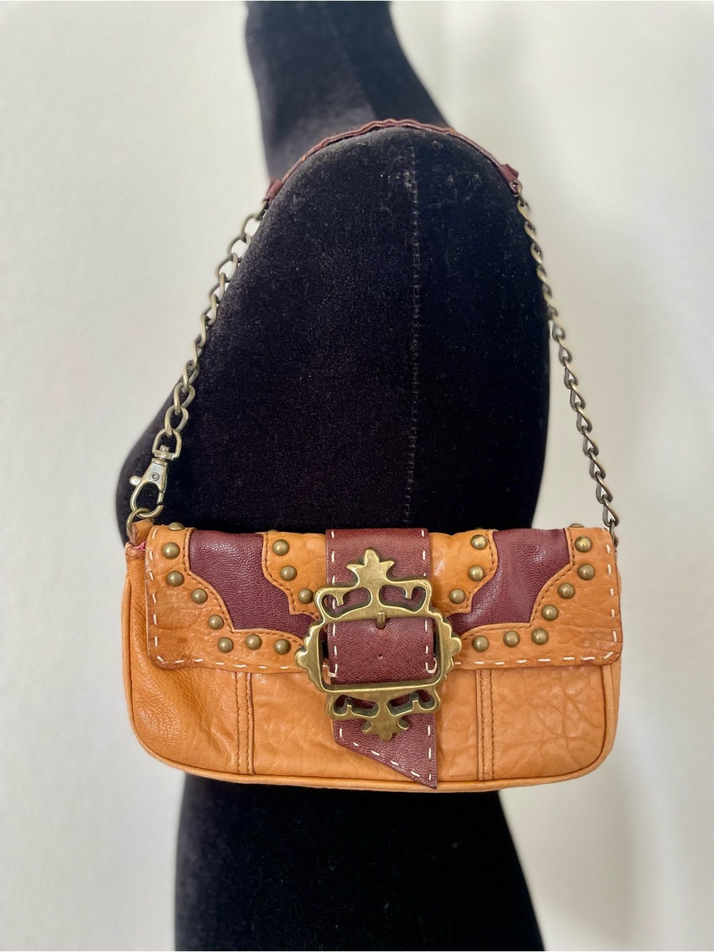 Vintage Betsey Johnson Tan/Burgundy Genuine Leather Western Buckle Shoulder Bag
